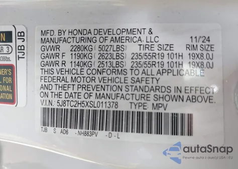 2025 Acura Rdx Technology Package from USA, damaged, VIN 5J8TC2H5XSL011378